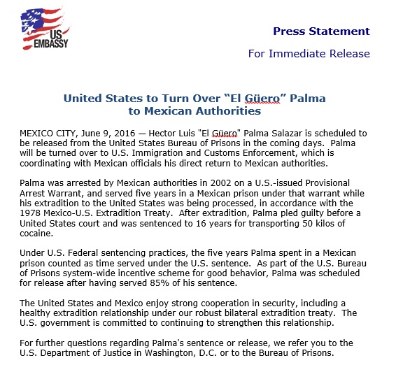 U.S. Embassy Press Statement issued on June 9, 2016