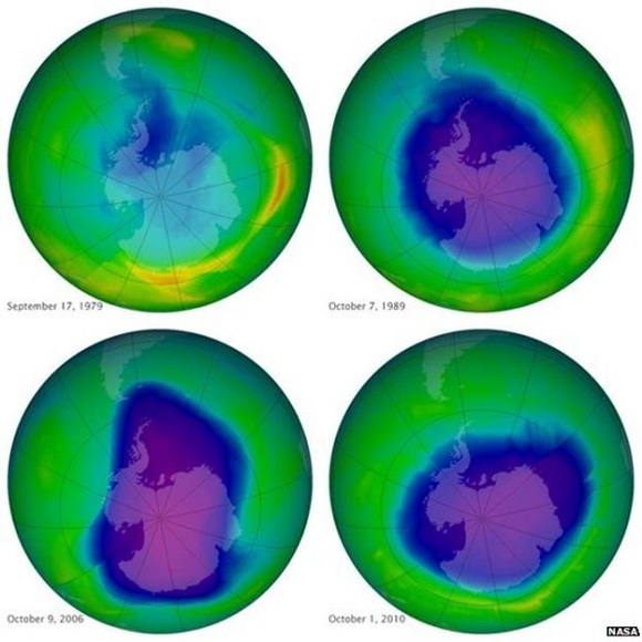 This undated image provided by NASA shows the ozone layer over the years (Image. NASA)