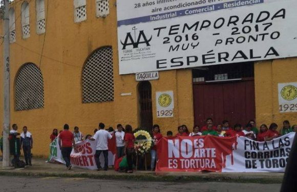 Demostrators protested Monday against bullfights in front of Merida's Plaza de Toros. (PHOTO: sipse.com)
