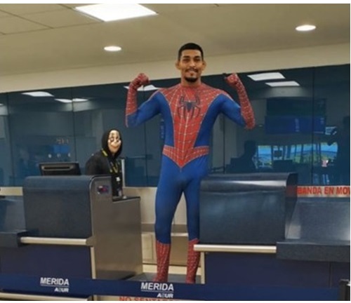 Terrifying morning at Merida airport! Travelers are greeted by workers in Halloween costumes